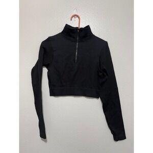 O to S Women's 1/4 Zip Mock Neck Crop Top Black Size Large